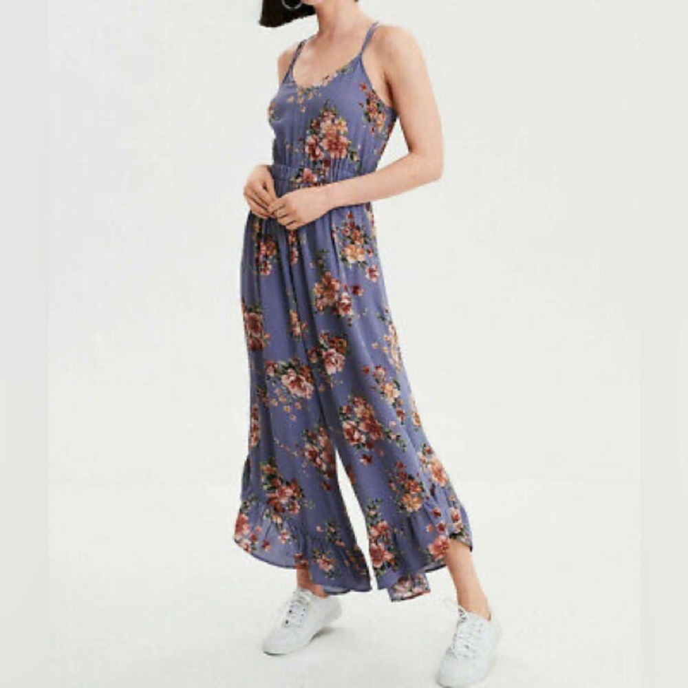 American Eagle Purple Floral Cropped Ruffle Wide
Leg Flowy Jumpsuit